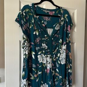 Daniel Rainn Teal Floral Boho Blouse Short Sleeve Size